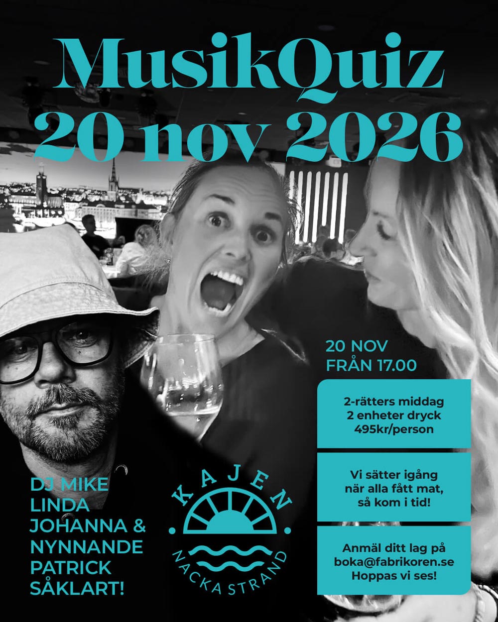 MusikQuiz 20 november 2026 på Kajen Nacka Strand med middag och underhållning på Fabrikören