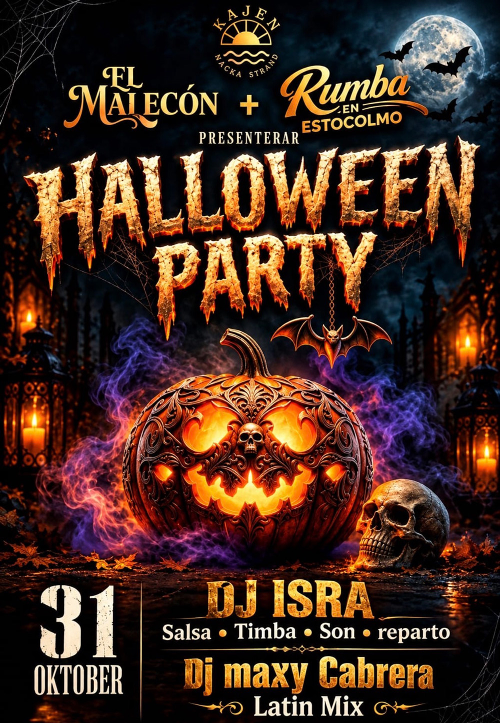 Halloween Party 31 oktober 2026 på Kajen Nacka Strand med El Malecón och Rumba en Estocolmo.